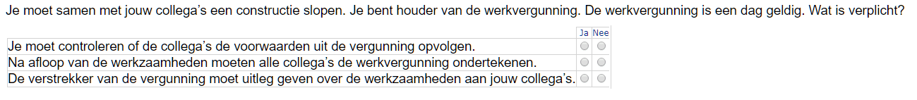 VCA examen Ja Nee vraag