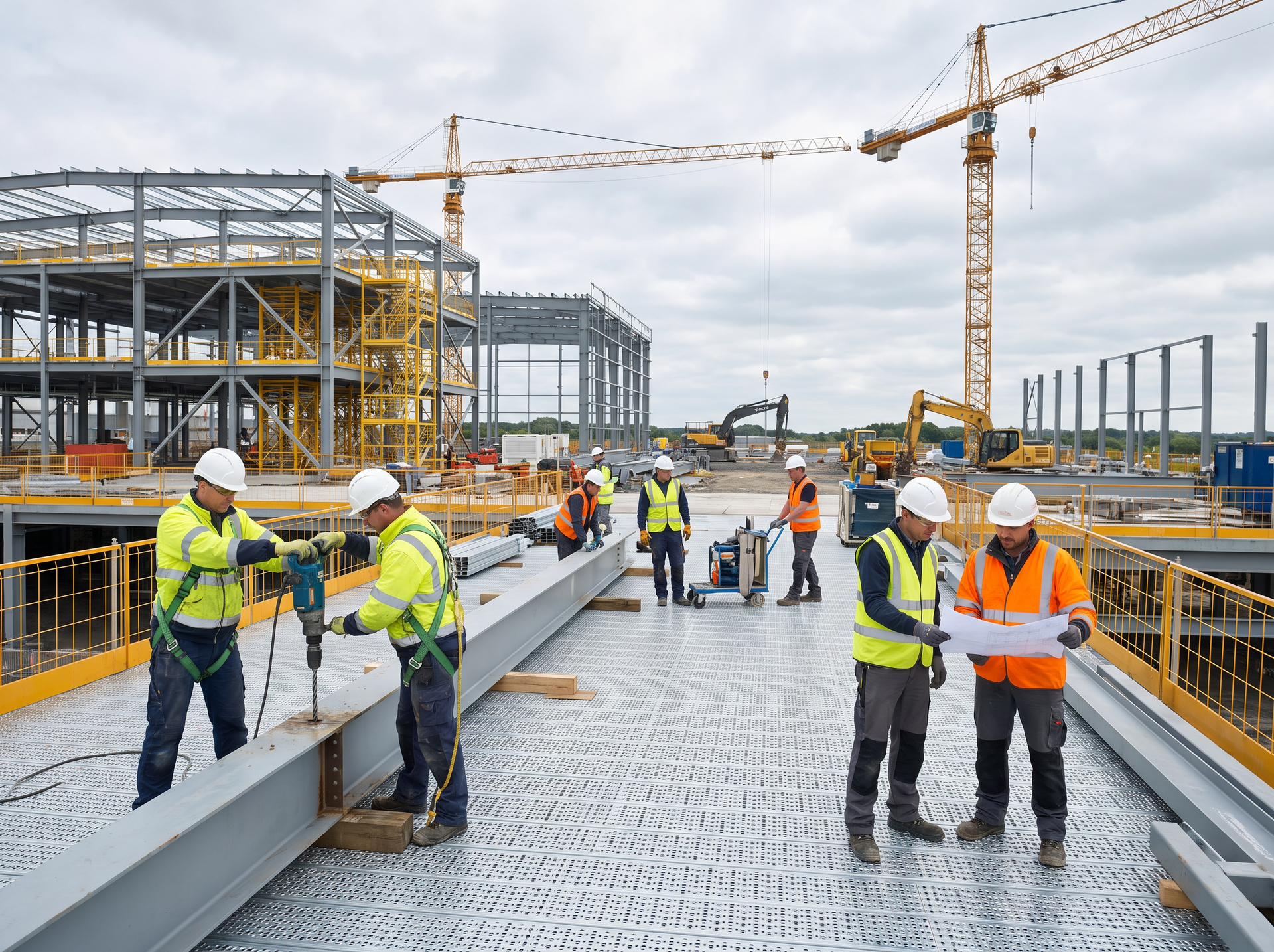 Bouwvakkers met veiligheidshelmen en beschermende kleding werken samen op een constructieplatform op een moderne bouwplaats.