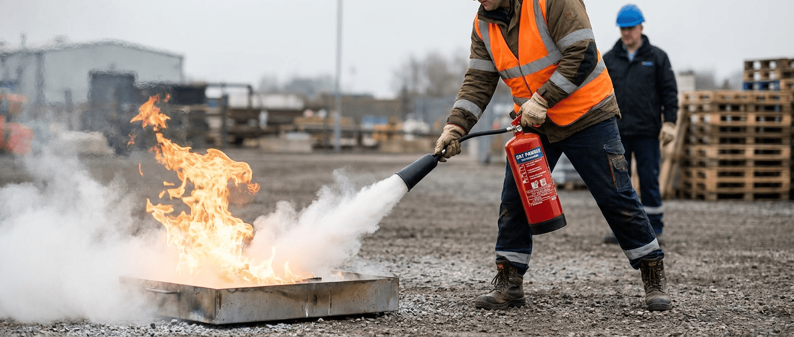 Brandblusoefening met een ABC poederblusser gericht op de basis van het vuur."